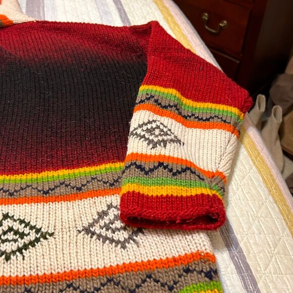 Vintage Hand Knit Sweater Jacket Womens M/L Multicolor Hooded Zip Up Ikat Nordic - Picture 8 of 12